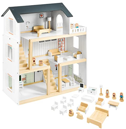 mamabrum Maison de Poupée en Bois 3 Étages avec Terrasse - 70x30x60 CM - Kit Complet avec 4 Figurines, 18 Meubles, 2 Chambres, Cuisine & Salon - pour Enfants +3 Ans (N71)