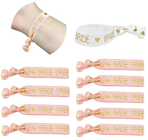 JGA Armbänder Set für Frauen 11 Team Bride Junggesellenabschied Frauen Dekoration und Haargummi Accessoires Braut Hochzeit weiß + pink (1 x Bride + 10 x Team Bride)