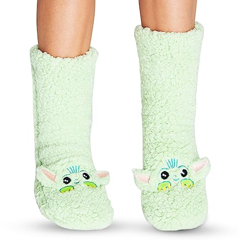 Disney Antirutschsocken Damen mit 3D-Ohren, One Size ABS Kuschelsocken Damen Antirutsch Haussocken Winter Frauen Geschenke (Grün Mandalorian)