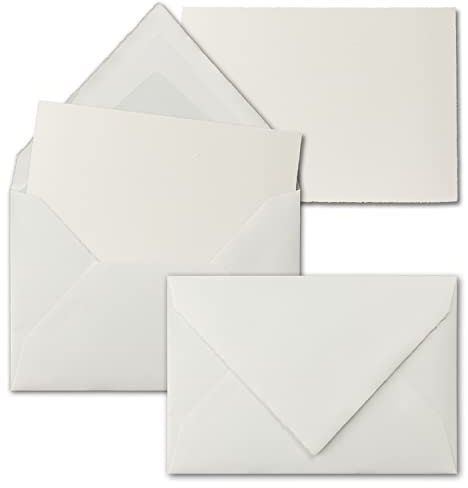 50x DIN A6 Kartenset aus Büttenpapier - Einzelkarten ohne Falz mit DIN C6 Briefumschläge gefüttert - Naturweiß