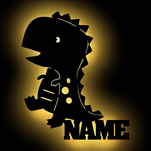 Dino Wandlampe Nachtlicht Wand Lampe Holz Schlummerlicht mit Namen personalisiert I Batteriebetrieb