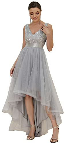 Ever-Pretty Abito da Cerimonia Donna Stile Impero Corto Davanti Lungo Dietro Scollo a V Petto Basso Linea ad A Senza Maniche Vestiti da Damigella Argento 40EU