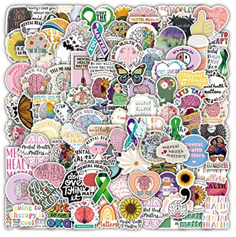 100 Pcs Mental Health Stickers Laptop Car Scrapbook Phone Skateboard Bike Travel Case Mental Health Awareness Stickers Vinyl Waterproof Aesthetic Personalised Stickers for Teens Boys Girls Adults