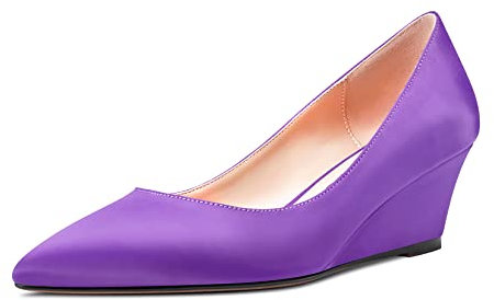 Aachcol Donna Zeppa Pumps a Punta Medio Tacco Heel Slip-on Dress Scarpe da Matrimonio Feste 5 CM Viola Raso 45 EU