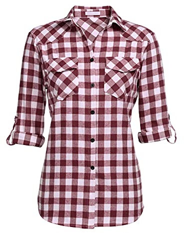 UNibelle Chemise à Carreaux Manches Longues Femme - Blouse Traditionnelle Oktoberfest - Veste en Coton - Chemisier Décontracté Col en V - Bordeaux