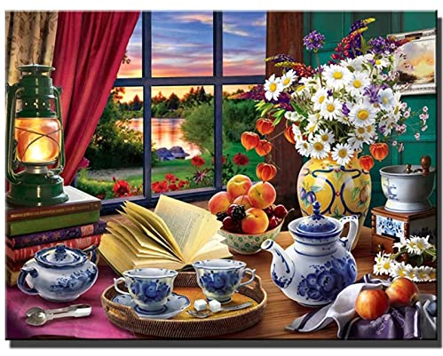 Pintar por Numeros Adultos,Pintar con Pinceles y Pinturas Acrílicas,Niño Paint by Numbers Kit,Lienzo Cuadros por Numeros,Pared del Hogar Decor Ventana de florero de taza de cerámica 60x75cm con Marco