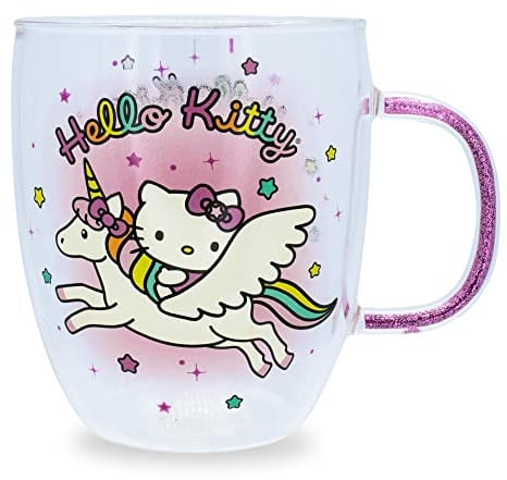 Sanrio Hello Kitty Unicorn Glass Mug With Glitter Handle | Coffee Cup For Espresso, Boba Milk Tea | Holds 14 Ounces