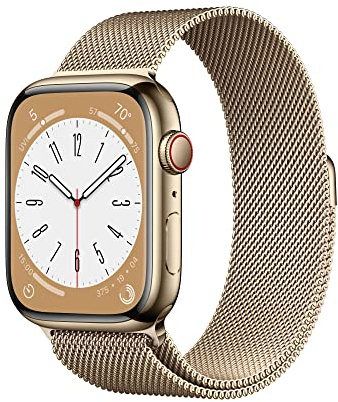 Apple Watch Series 8 [GPS + Cellular, 45mm] - Gold Stainless Steel Case with Gold Milanese Loop, One Size (Renewed)