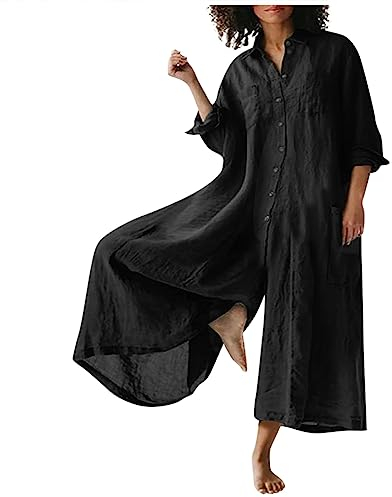 RMBLYfeiye Leinen Jumpsuit Damen Revers Einfarbiges Langarm Latzhose Mit Taschen Knopfleiste Weites Bein Trägerhose Baumwoll Sommer Overall Arbeitslatzhose Oversize