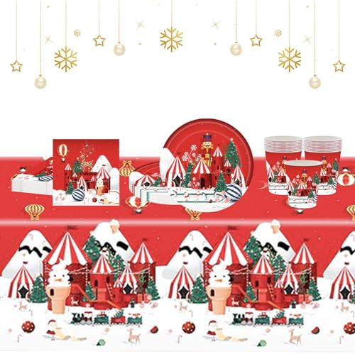 53PCS Christmas Paper Tableware Set for 16 Guests - Red Xmas Tableware with 9 inch Paper Plates, Cups, Napkins, Tablecloth for Christmas Dinner Party Supplies