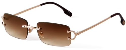 Laurinny Rechteck Randlose Sonnenbrille Damen Herren Retro Rechteckig Brille Gold Viereckig Rahmenlose Sonnenbrille Schmal(W3-Gold/Gradient Braun)