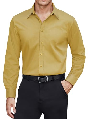 J.VER Mens Casual Button Down Shirt Stretch Stain Shield Dress Shirts Long Sleeve Formal Breathable Slim Fit No Iron Men Shirts for Working Meeting Dating Yellow-M
