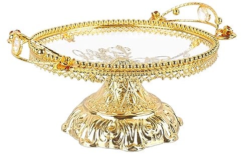 Round Fruit Bowl, Gold Fruit Tray Glass Fruit Display Tray Dessert Plates Gold Cake Stand Decorative Footed Bowl for Dining Room Table