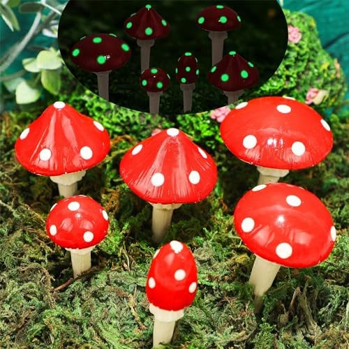 Juegoal 6 Stück Feengarten Miniatur Pilze Statuen, Glow in Dark Mini Rot Pilz Harz Figuren Outdoor Garten Hof Kunst Zubehör Fly Agarics Skulptur Rasen Ornament Dekorationen