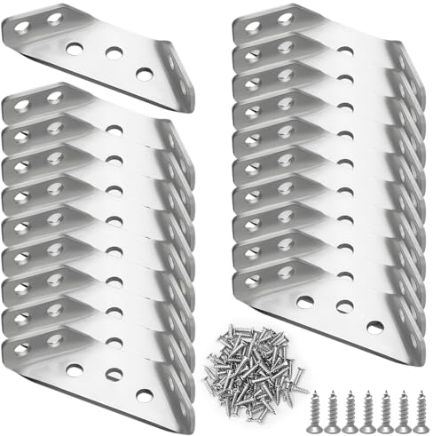 Corner Bracket, 20pcs Stainless Steel Angle Brackets for Wood Heavy Duty Metal Angle Iron Trapeziform Corner Brace Bracket for Furniture, Shelves, Cabinet, Table, Chair Storage Rack