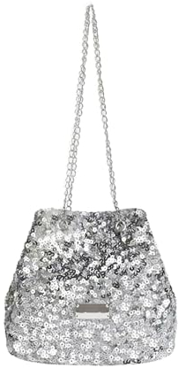 HIOQFR Glitzer Tasche Damen Abendtaschen Silber Pailletten Handtaschen Klein mit Kettentasche Clutch Mini Schultertaschen Elegant Eimertasche Hobo Crossbody Bag Frauen Umhängetasche Casual Handbags