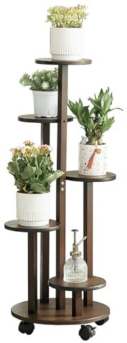 THCTYRP Support de fleurs en forme de disques, support de fleurs en bambou haut et bas, support de pot de fleurs avec roulettes pour balcon de salon, support de fleurs d'intérieur