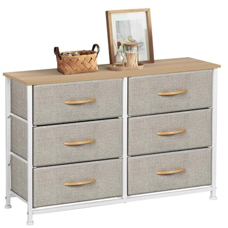 AxisFurn Kommode mit 6 Stoffschubladen, Schrank mit Griffen und Tischplatte, Sideboard Metallgestell, Aufbewahrungsschrank für Schlafzimmer, Wohnzimmer, Flur (Beige, 80 * 30 * 65 cm)