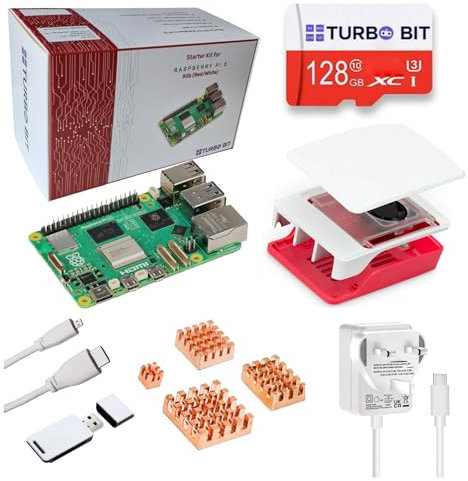 TurboBit Raspberry Pi 5 Starter Kit 8GB, Pre-installed Raspberry Pi OS Bookworm (64x) 128GB, RP5 Case Red/White, 27W 5.1V 5A USB C Power Supply, 1pcs HDMI Cables, 4 Copper Heatsinks, HDMI Cable