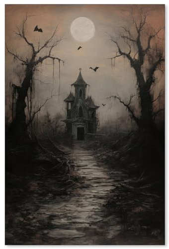 WBSTGUE Dark Academia Wandkunst, Gothic-Halloween-Poster, Vintage-Spukhaus, Leinwanddrucke, Gothic, gruseliges Gemälde, dunkle, rustikale Wanddekoration, 40,6 x 61 cm, ungerahmt