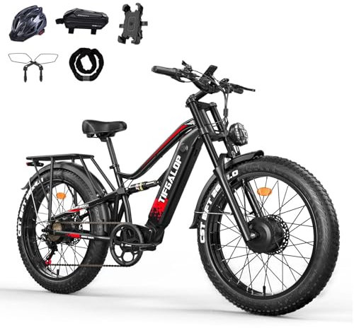 Lohang Elektrofahrrad für Erwachsene, 26-Zoll-Mountainbike, 52-V-21-Ah-Akku, Reichweite bis zu 40–80 km, Doppelmotoren, Doppelstoßdämpfer, 7 Gänge, Strand- und Schnee-Elektrofahrrad