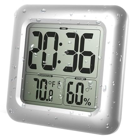 Grande horloge murale étanche pour salle de bain, numérique, résistante à l'eau, température de douche, hygromètre à grands chiffres pour personnes âgées, 4 ventouses, support de table, 12/24h, °F/°C