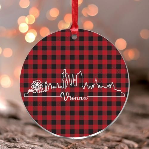 Österreich Wien Weihnachtsbaumschmuck Stadt Wolkenkratzer Gebäude Silhouetten Rund Weihnachtsbaum Ornament Andenken Bunte Stadt Skyline Acryl Weihnachtskugel für Urlaub Party Dekorationen