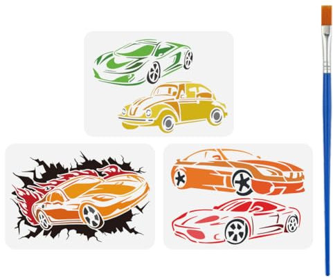 FINGERINSPIRE 3 Pcs Sport Car Drawing Stencil with A Paint Brush 29.7x21cm Roadster Painting Template Classic Car Racing Sedan DIY Decoration Stencil for Painting on Wood Wall Fabric Furniture