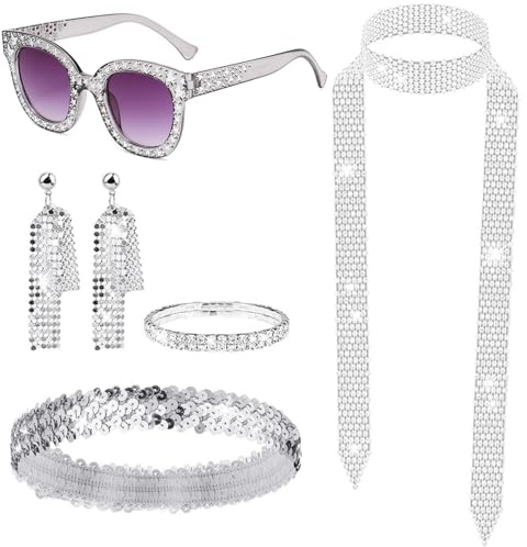 Chyuxinda 5pcs Disco 70er 80er Kostüm Glitzer Sonnenbrille Hippie Haarband für 1980s 1970s Damen Karneval Halloween Fasching Karneval Cosplay Outfit