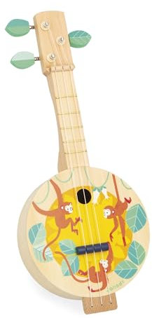 Janod - Banjo en Bois - Instrument de Musique Enfant - 3 Cordes de Rechange Incluses - Jouet d'Imitation et d'Éveil Musical - Banjo Guitare Enfant - Dès 3 Ans - J07661