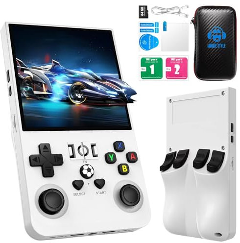 R36MAX Handheld Game Console, 4.0 Inch IPS Screen Linux System 4000mAh Rechargeable Portable Pocket Arcade with 64GB TF Card, Built in 18000+ Games, Retro Video Games Player for Kids & Adults