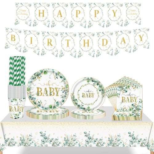 Lot de 82 assiettes en carton vert sauge, serviettes, tasses, nappe, bannière, pailles, vaisselle pour fête prénatale, fête d'anniversaire, fête prénatale, safari