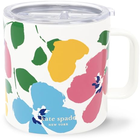 kate spade new york Stainless Steel Insulated Mug with Handle and Lid, 16 Ounce Double Wall Tumbler, Reusable Coffee Travel Mug for Hot and Cold Drinks (Painterly Bouquet)