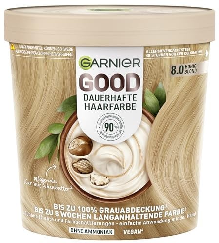 Garnier GOOD Dauerhafte Haarfarbe 8.0 Honig Blond – Coloration ohne Ammoniak, bis zu 100% Grauabdeckung, 1 Stk.
