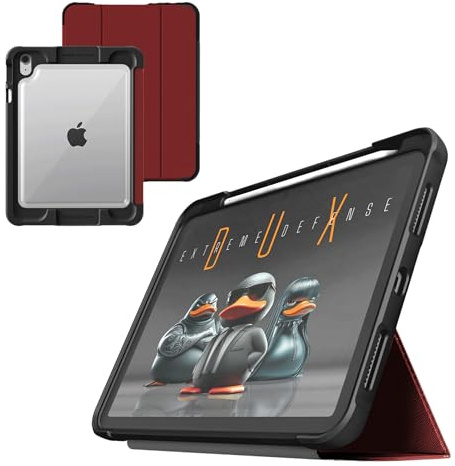 STM Dux Ultra Hülle für iPad A16/10th Gen - Rugged MIL-SPEC Drop Protection, Snap Magnetic Stand, Pencil & Crayon Storage, Clear Back, Auto Sleep/Wake, COM - Rot