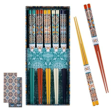 DRW Set Palillos para Comer Azulejos Verdes - 5 Juegos de Palillos 24 cm