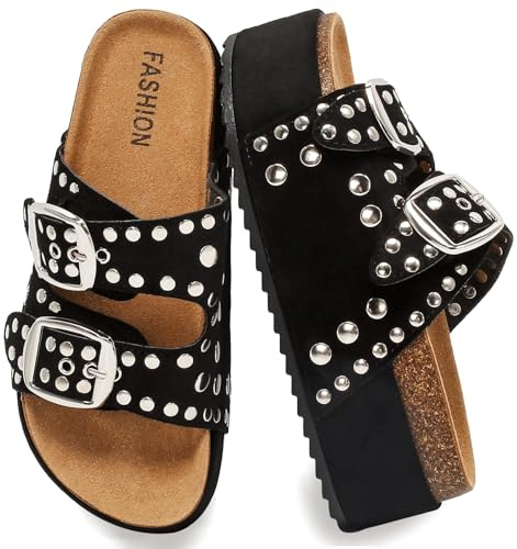 SHASINGGE Women's Platform Sandals With Cork Footbed Suede Studded Sandals Adjustable Double Buckle Wide Widths Walking Chunky Sandals for Summer Shoes Fashion Thick Soled Mules Slides Beach Footwear