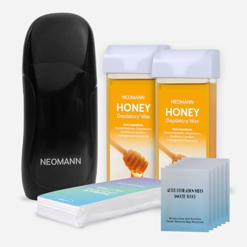 NEOMANN Wax-n'Roll Honey - Kit d'épilation à la cire avec 2 cartouches de miel, 50 bandes de cire et 6 lingettes d'entretien (noir) - Qualité salon pour la maison