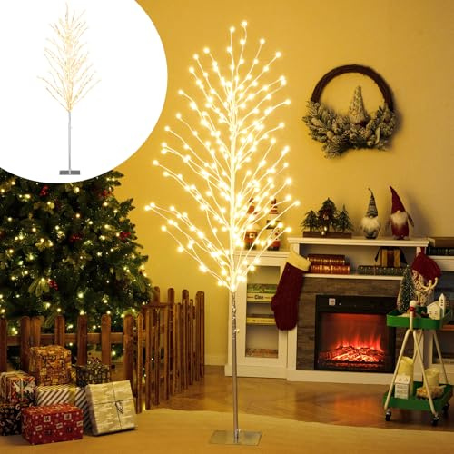 COSTWAY LED Lichterbaum, 186 cm Birkenbaum mit warmweißen LEDs, Leuchtbaum, LED Baum Innen, Lichterzweige, Weihnachtsdeko für Zuhause