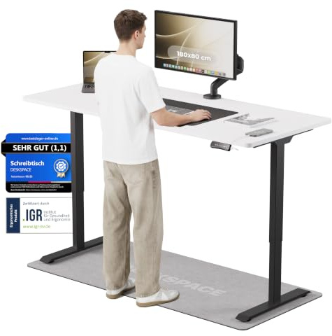 DESKSPACE PRO Elektrisch höhenverstellbarer Schreibtisch (180x80 cm) | Bürotisch mit Kollisionsschutz, Memory-Funktion, USB-Anschluss, 10 Jahre Garantie (Gestell schwarz, Tischplatte weiß)