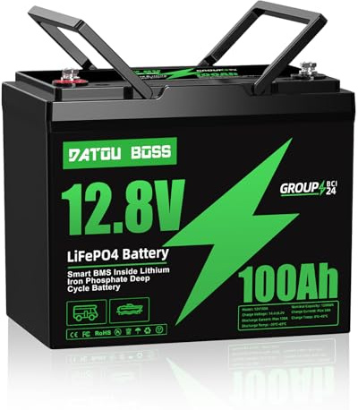 DATOUBOSS 12V 100Ah LiFePO4 Batterie, 1280Wh Lithium Akku mit 100A BMS, über 15000 Ladezyklen & 10 Jahre Lebensdauer, Unterstützung in Serie/Parallelschaltung für Wohnmobil, Boot, Solar Home System