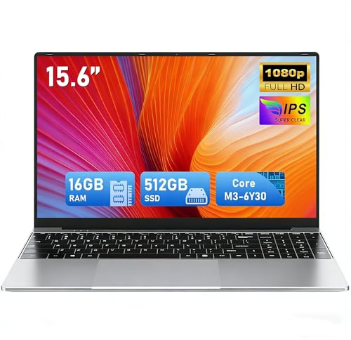 FUNYET Laptop, Ordinateur Portable 2026 15,6 Pouces, 16 Go de RAM, SSD de 512 Go, processeur Core M3-6Y30, écran IPS FHD 1920 x 1080, Ouverture à 180°，5000 mAh, Emplacement pour Carte TF