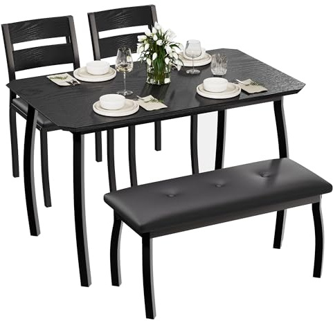 Thaookte 4-Teiliges Küchentisch-Set, Esstisch Mit 2 Stühle & Gepolsterten Bänken Für Kleine Räume, Rechteckig Esstisch Aus Metall Und Holz Für 4, Ideal Für Esszimmer & Apartment, Schwarz