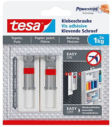 tesa® Verstellbare Klebeschraube für Tapeten und Putz, Haltekraft bis zu 1kg (4 Packungen = 8 Schrauben)