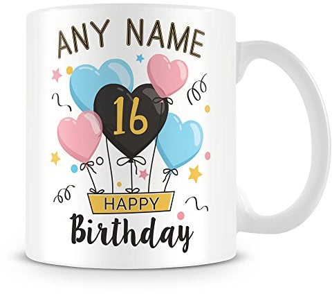 16th Birthday Gift- Personalised Mug/Cup - Add Name - Birthday Balloons Design