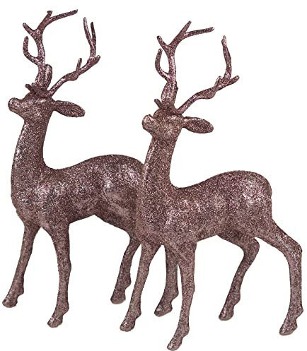 Snow White Set Of 2 Rose Gold Glitter Reindeer Figurines - Christmas Decoration Ornaments.