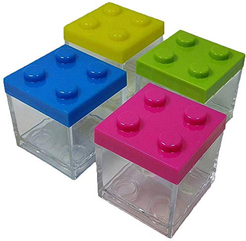 12 X SCATOLINA PORTACONFETTI PLEX PLASTICA MATTONCINI Costruzioni Assortiti Verde Giallo Blu Fuxia