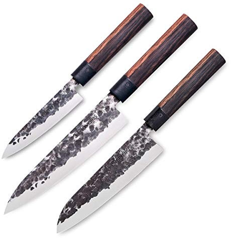 3 Claveles - Juego de 3 Cuchillos Profesionales Estilo Japonés Gama Osaka, Hojas Unicas Forjadas a Mano, Selección Master Chef