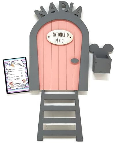 Puerta Ratoncito Pérez azul de madera,con escalera,buzón y certificado. Producto artesanal hecho en España (Rosa Personalizada)
