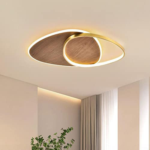 Holzimitat Design Deckenlampe Deckenleuchte Gold LED Schlafzimmer Lampe Dimmbar mit Fernbedienung, Kreativ Oval Modern Holz Deckenbeleuchtung für Wohnzimmer, Küche, Esszimmer, LED-Panel-Licht, Ø59cm